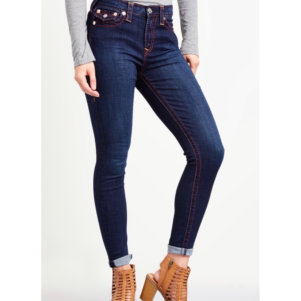 NWT True Religion Dark Blue Hi-Rise Big T Super Skinny Flap Pocket Womens Sz 30